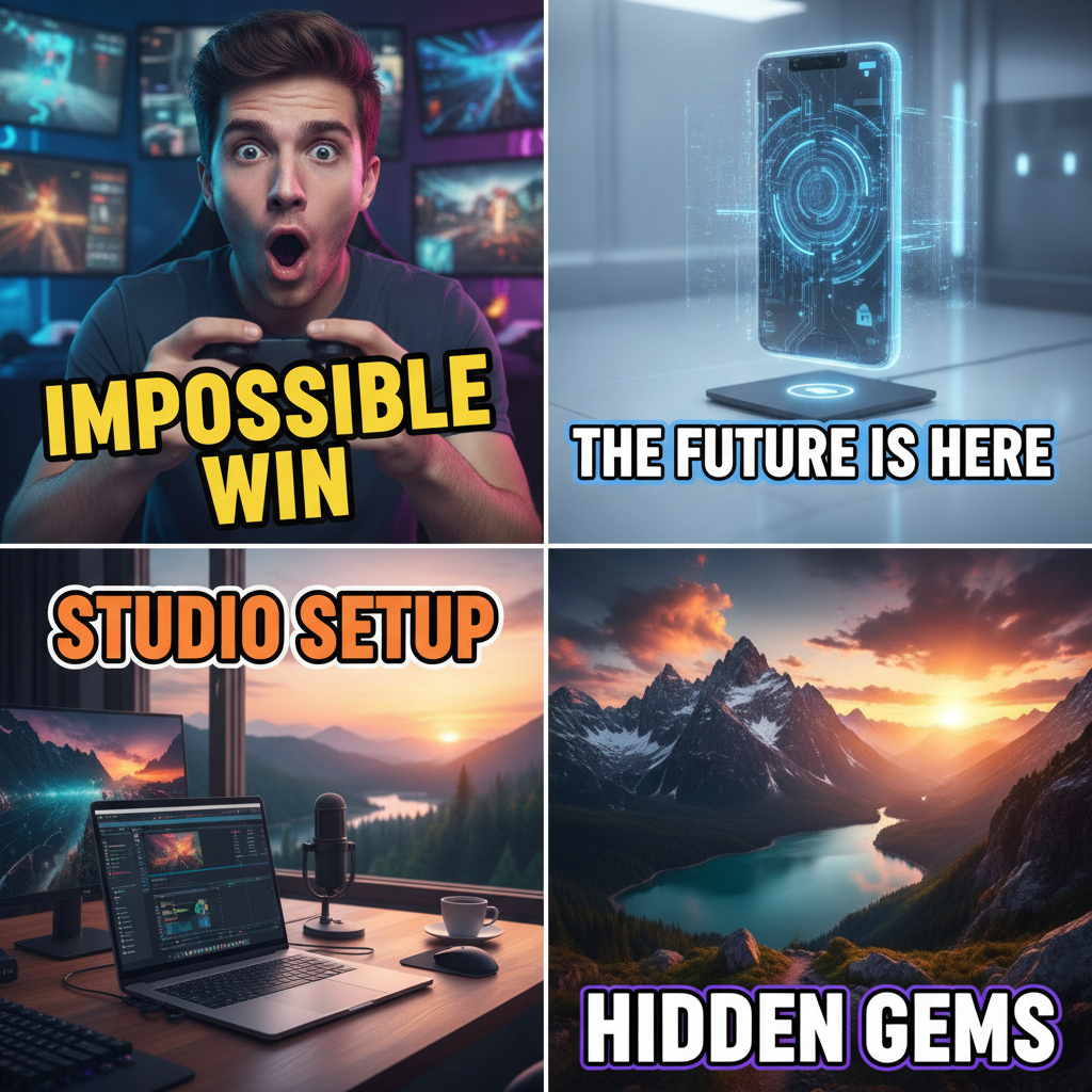 Examples of AI-generated YouTube thumbnails: a gaming reaction, a futuristic phone, a studio setup, and a mountain landscape