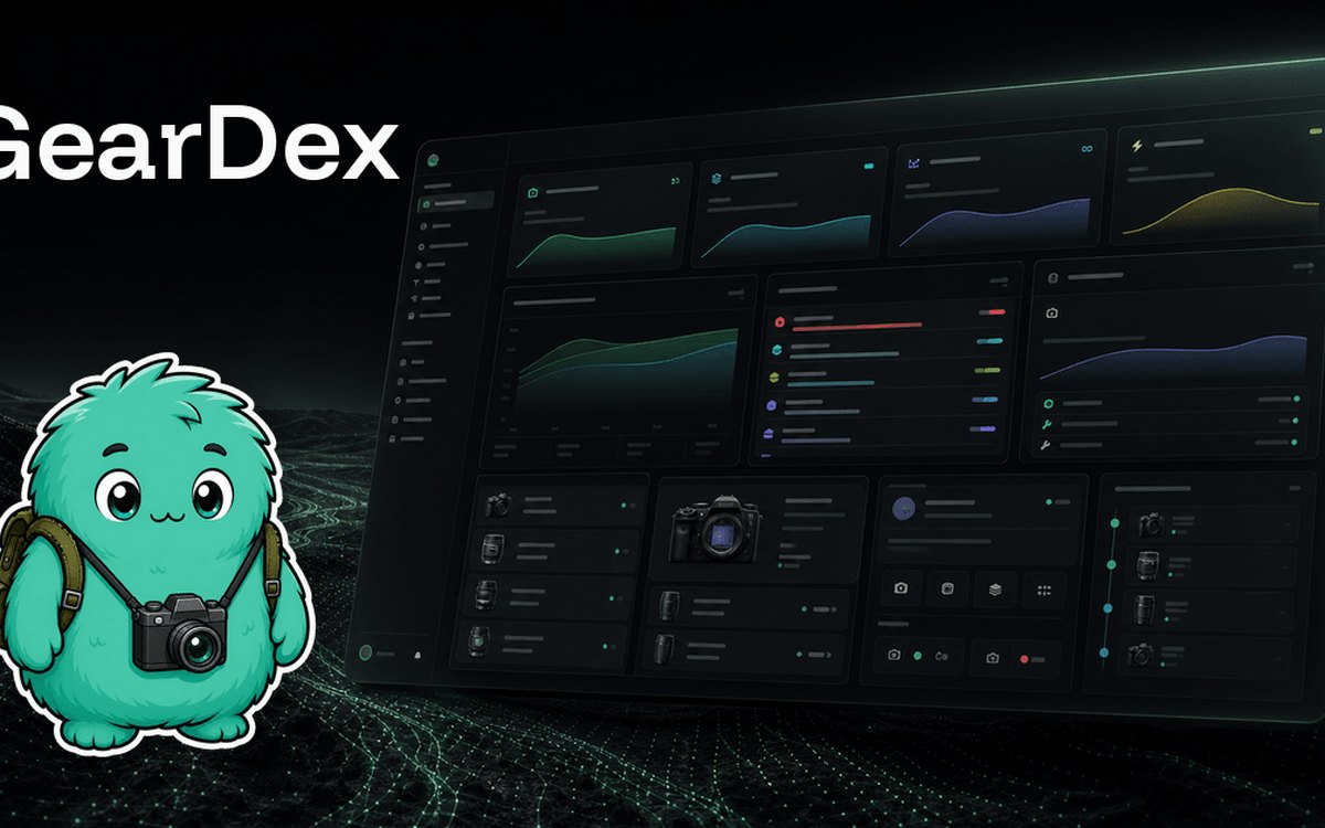 GearDex dashboard with value charts and a gear list, beside the GearDex mascot