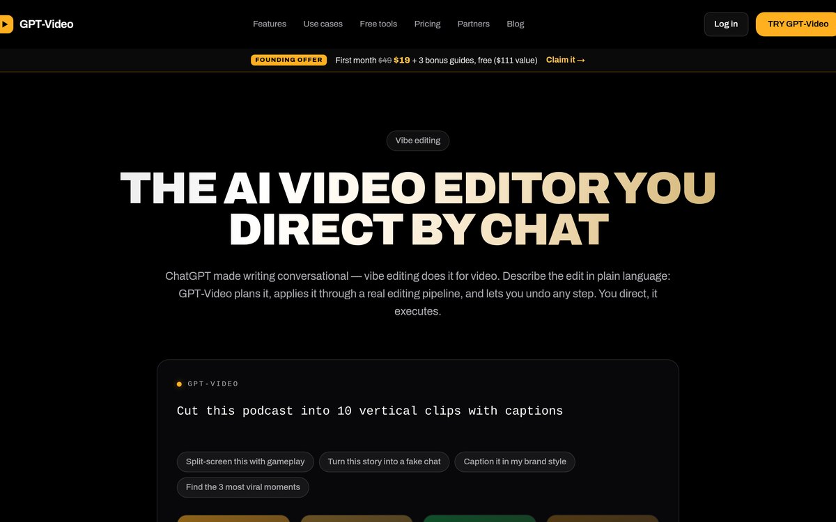 GPT-Video home page with the headline The AI video editor you direct by chat