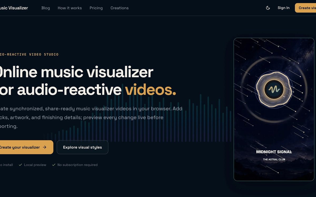 Music Visualizer home page with the headline Online music visualizer for audio-reactive videos