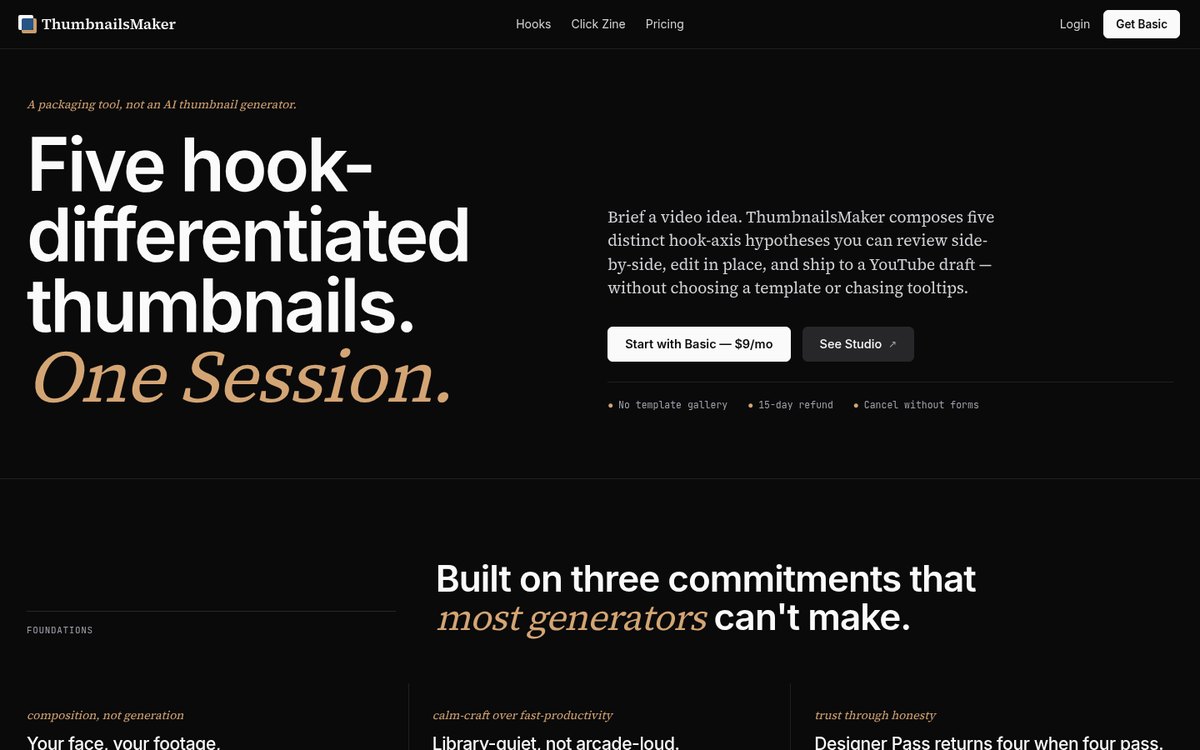 ThumbnailsMaker home page with the headline Five hook-differentiated thumbnails. One Session.