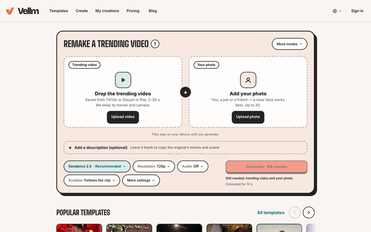 Vellm Create studio with the Remake a trending video composer, upload boxes for a video and a photo, and a Generate button showing the credit cost