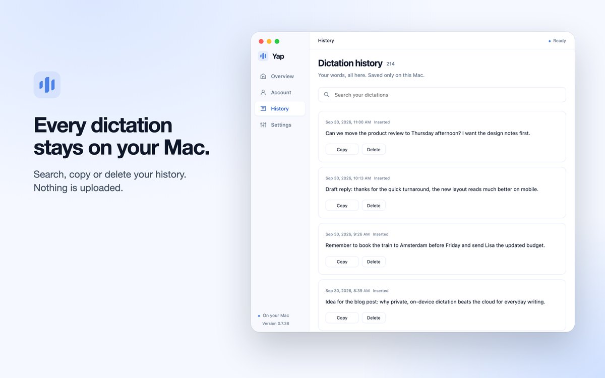 Yap dictation history on a Mac with search, copy and delete, beside the line Every dictation stays on your Mac