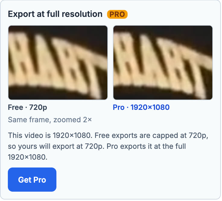 The editor's export dialog comparing the same frame zoomed 2x: Free at 720p next to Pro at 1920 by 1080