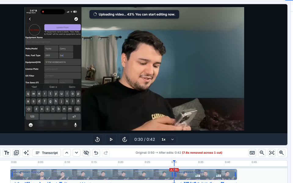 The VidClean editor showing a video uploading at 43 percent with the message: You can start editing now
