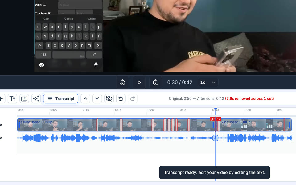 The editor timeline with silences marked in red and a note that the transcript is ready to edit