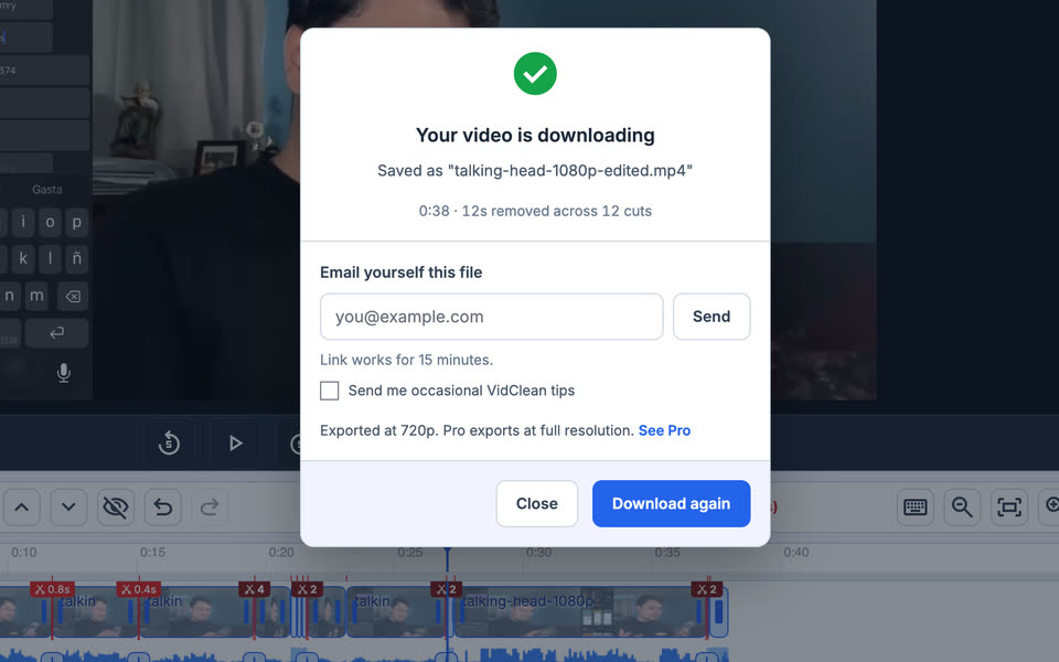 The export finished dialog: 12 seconds removed across 12 cuts, with a download button